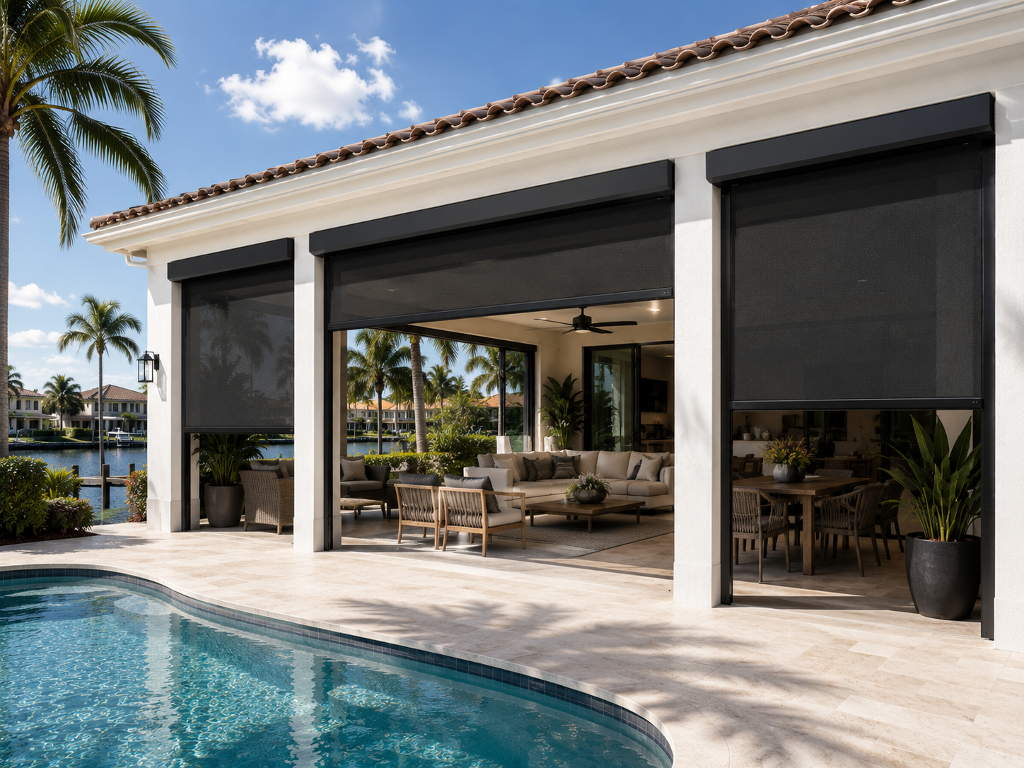 Three exterior shade panels on a Florida lanai